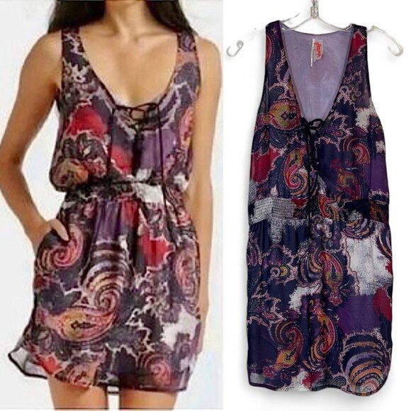 Free People Mini Dress Tank Purple Paisley Boho Sleeveless XS - Picture 1 of 11
